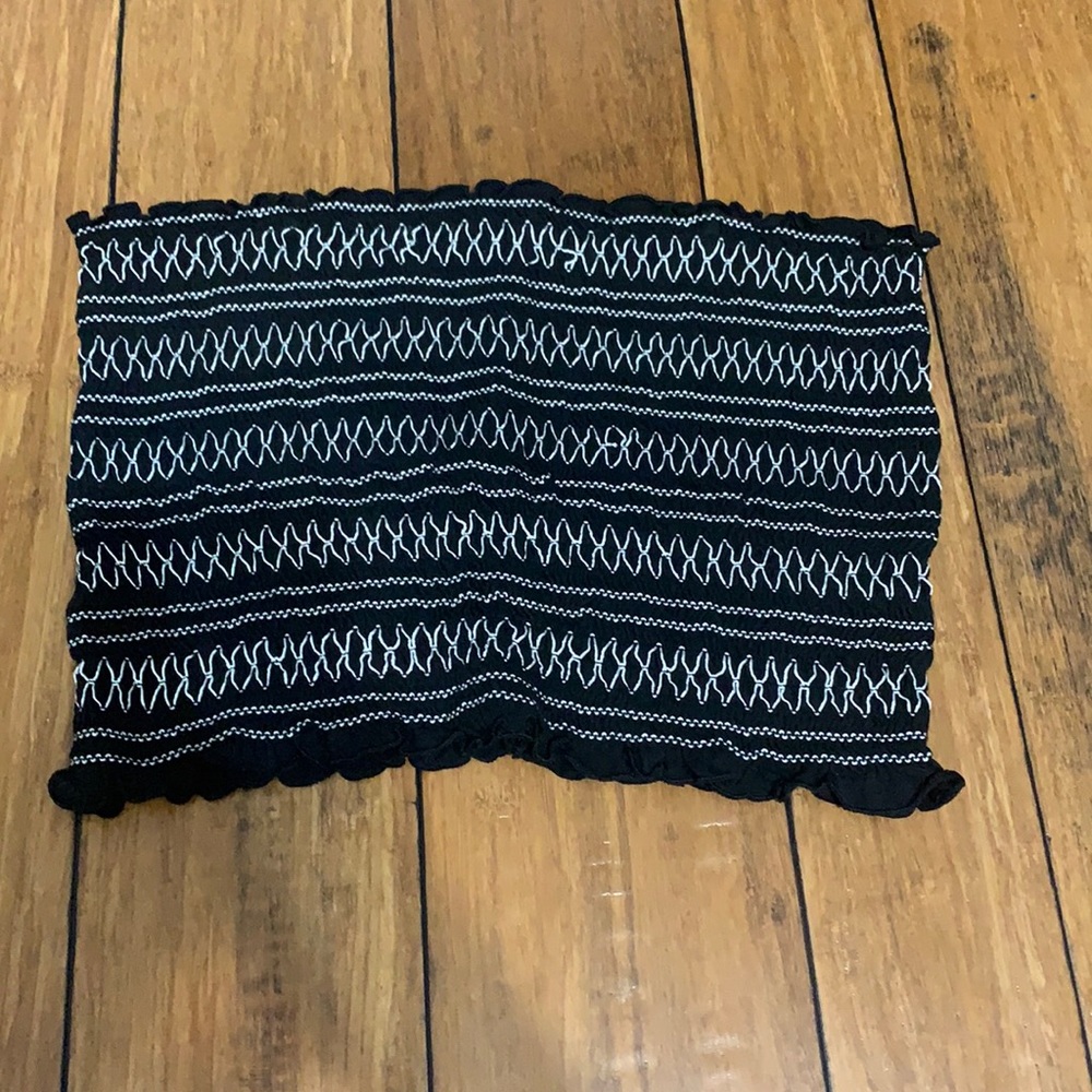 American Eagle black scrunched tube top with white embroidery